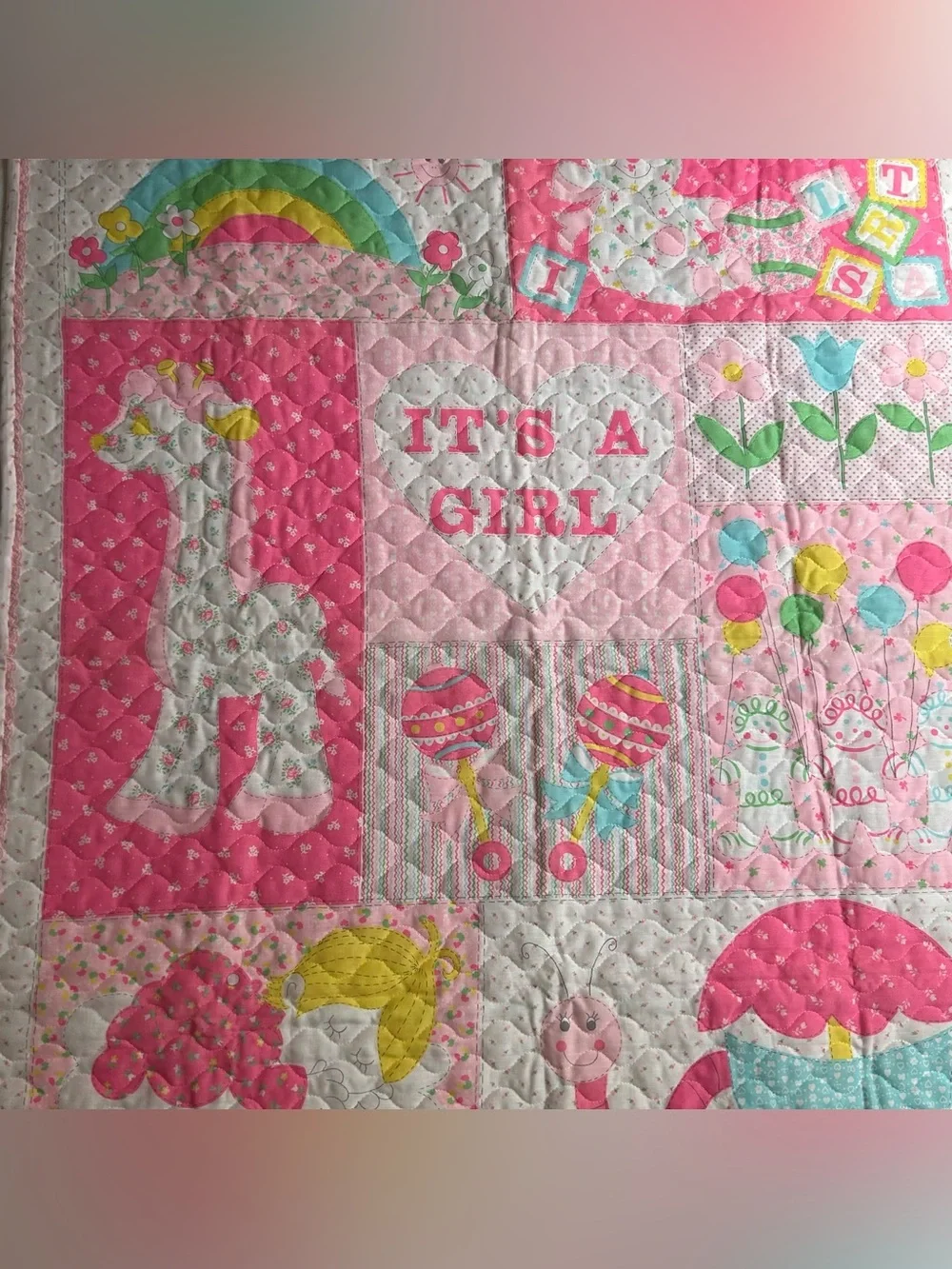 Vintage 70’s Baby Quilt /Giraffe, Rainbow, Teddy Bear 43” L X33”W - IT’S A GIRL